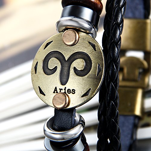 Flongo Pulseras del horóscopo Zodiaco, Retro Vintage Brazalete de Hombre Mujer, Simbolo de Estrellas para Buena Suerte, Buen Regalo de la Amistad, Aries