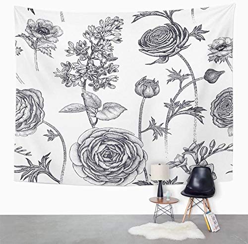 Flores de primavera Patrón floral Plantas de jardín Mantequilla Lila Fresia Anemone Tapiz vintage en blanco y negro Decoración para el hogar 150x100cm/59*39inch