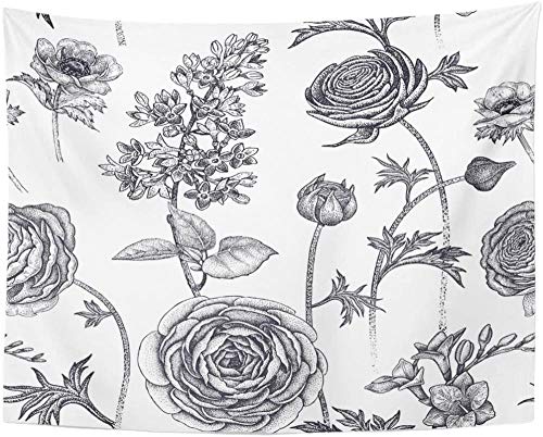 Flores de primavera Patrón floral Plantas de jardín Mantequilla Lila Fresia Anemone Tapiz vintage en blanco y negro Decoración para el hogar 150x100cm/59*39inch