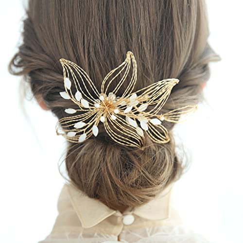 FOLA Peineta de Flores Trenzadas Doradas para Novia, Pinza de Pelo de Boda Hecha a Mano, Peine Lateral de Perla de Cristal, Accesorios para el Cabello de Boda para Mujer