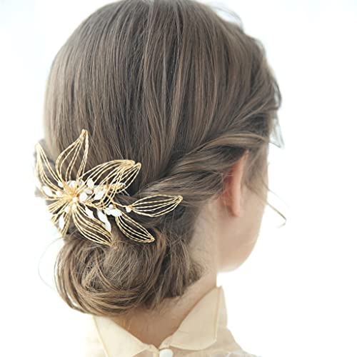 FOLA Peineta de Flores Trenzadas Doradas para Novia, Pinza de Pelo de Boda Hecha a Mano, Peine Lateral de Perla de Cristal, Accesorios para el Cabello de Boda para Mujer