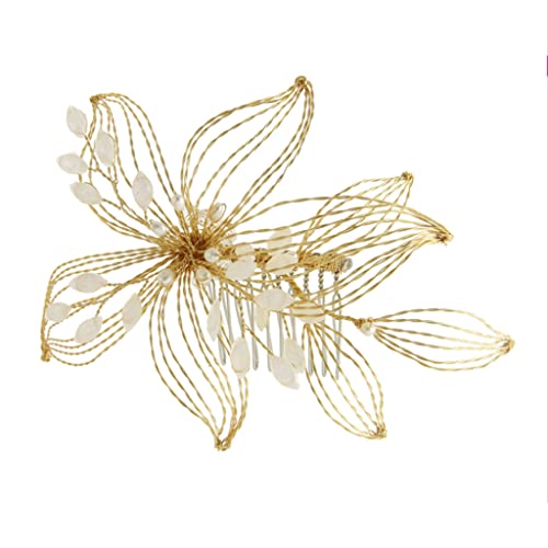 FOLA Peineta de Flores Trenzadas Doradas para Novia, Pinza de Pelo de Boda Hecha a Mano, Peine Lateral de Perla de Cristal, Accesorios para el Cabello de Boda para Mujer