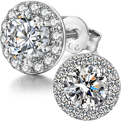Halo Earrings,Pendientes Hombre,Pendientes Diamante Halo,Pendientes Hombre Plata,Pendientes Circonita Plata Halo,Pendientes Plata Diamante Hombre Brillantes,Pendientes Zirconita Plata Oro Blanco 10mm