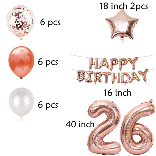 Haosell 26. Decoración de cumpleaños de oro rosa para niñas, juego de decoración de cumpleaños de niña, 26 años, color oro rosa para niña, globos de aire, globos con número 26, color oro rosa