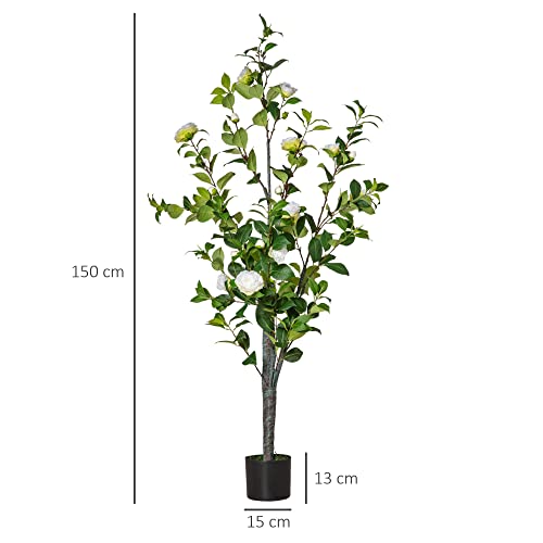 HOMCOM Árbol de Camelia Artificial 150 cm con Maceta de Cemento 285 Hojas Realistas y 25 Flores de Tela Planta Sintética Decoración para Hogar Oficina y Exterior Verde