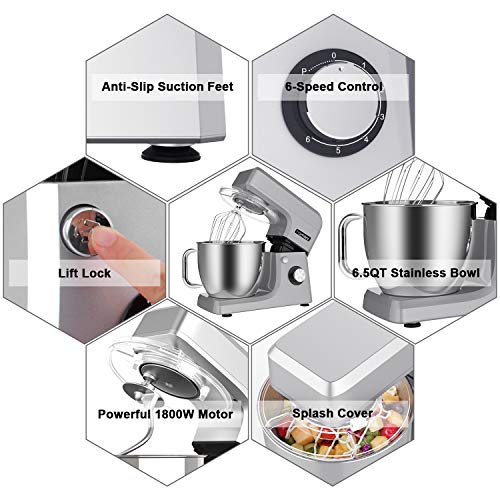 Homlee 1800W Batidora Amasadora, Alto Voltaje Profesional Amasadora de pan Automática Multifuncional, Robot de Cocina Multifuncional,6.5 litros, 6 velocidades Plata