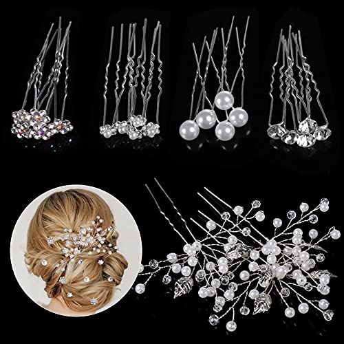 Horquillas Pelo Mujer de Novia, Taumie 23 Piezas Horquillas para el pelo de boda, Perlas de Diamantes Horquillas, Pinzas para el Cabello en Forma de U para la Boda y Fiesta