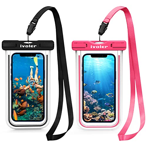 ivoler [IPX8 Certificado [2 Unidades] Funda Impermeable Móvil, Funda Acuática Móvil Universal para Xiaomi, iPhone, Samsung Galaxy, Huawei, Smartphones, Monedas, Pasaporte, etc (Negro+Rosa)