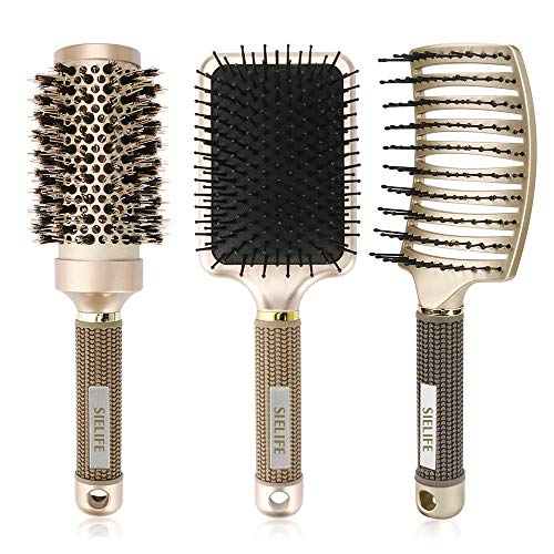 Juego de cepillos para el cabello, cepillo de paleta antiestático, cepillo redondo de cerdas de jabalí, cepillo para el cabello ventilado para secar, fino y rizado en hombres y mujeres
