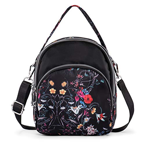 LaRechor Bolso Bandolera Pequeño con 3 Cremallera - Mujer Bolso de Viaje Boda Noche - Bolsa de Flores Elegante Ligero, 2 Correa