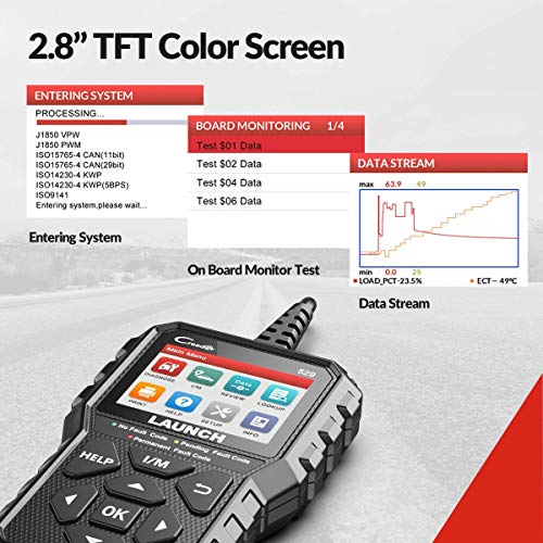 LAUNCH CR529 Interfaz de Diagnosis Code Reader OBD2 Lector y Apagado Luz de Error Motor Datos en Tiempo Real Emisiones Sensor O2 y Prueba EVAP