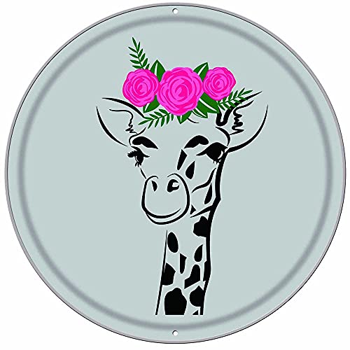 Letrero redondo de metal de jirafa con corona de flores, carita de animal, letrero floral con flores en la cabeza, signo de lata de metal retro vintage para Año Nuevo, Navidad, Hallowen 30,5 x 30,5 cm