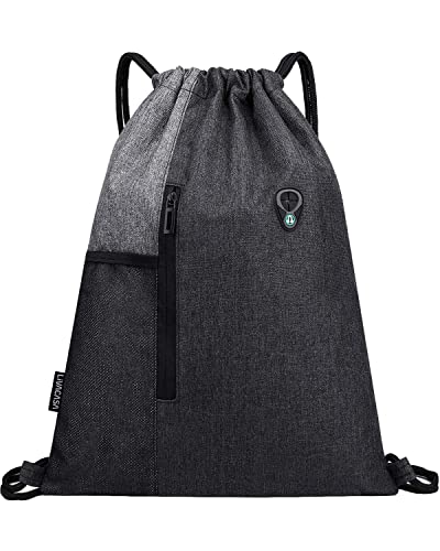 LIVACASA Mochilas de Cuerdas Mujer Hombre Toma USB para Auriculares con Bolsillos Mallas para Botellas Tela Oxford Bolsa de Cuerdas Mochilas Impermeables Yoga Gimnasio Deportes Gris Claro 43 * 33cm