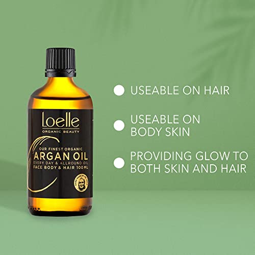 Loelle - Aceite de Argán 100% Puro, Prensado en Frío - Aceites de Argán Orgánico para Cabello, Cara y Manos - Aceite Corporal Hidratante Vegano Rico en Vitamina E - Selecto a mano en Marruecos (100ml)