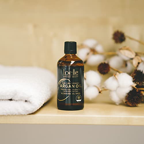 Loelle - Aceite de Argán 100% Puro, Prensado en Frío - Aceites de Argán Orgánico para Cabello, Cara y Manos - Aceite Corporal Hidratante Vegano Rico en Vitamina E - Selecto a mano en Marruecos (100ml)