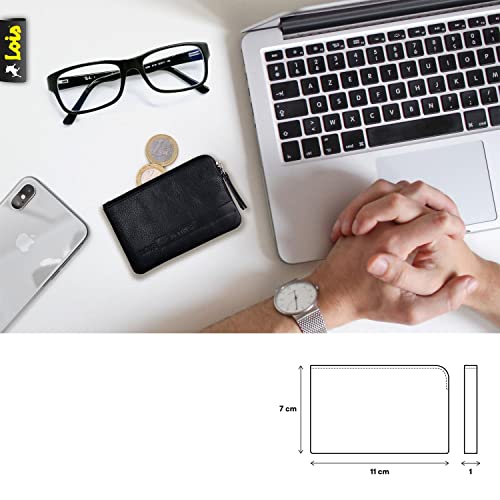 Lois - Monedero Hombre Pequeño Piel Genuina de Marca LOIS. Llavero de Piel. Monedas Llaves Billetes Tarjetas DNI. Protección Seguridad Antiescaneo RFID. 202602, Color Negro