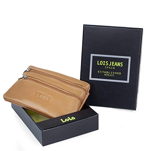 Lois - Monedero Mujer Piel Genuina Cuero con Cremallera Pequeño. Tarjetero, Llavero de Marca LOIS. Portamonedas, Llaves, Billetes, DNI. Protección Antiescaneo RFID 202064, Color Camel