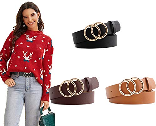 Longwu [3 PCS] Cinturón de cuero PU para mujer, doble anillo en O, cinturones de cintura de cuero sintético suave, para pantalones vaqueros de vestir, cinturones para niñas, damas