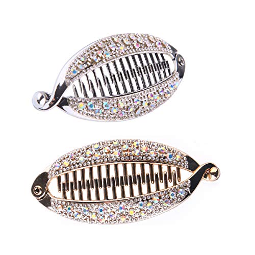 Lurrose 4pcs Banana Pinza de pelo Brillante Rhinestone Decoración Titular de cola de caballo Clip Resina Elegante Barreteadores del pelo para las mujeres (oro y plata)