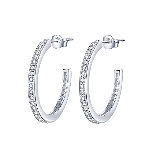 Lydreewam Pendientes Medio Aro Plata de Ley 925 para Mujer, AAA Circonita Pendientes Aro Diámetro 23mm, Caja de Regalo Empaquetada