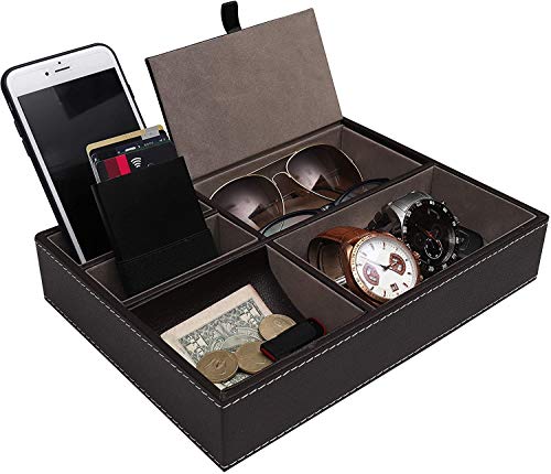 LYTIVAGEN Bandeja de Valet Cuero para Hombres, Caja de Oficina de Cuero 5 Cuadrados Organizador de Escritorio de Cuero para Mesitas de Noche, Escritorios, Oficinas (Negro, 25.5*18.5*5cm)