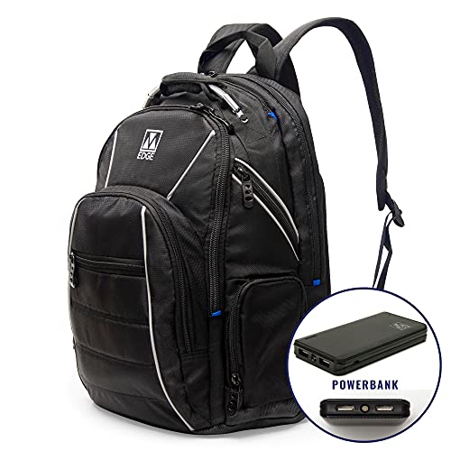 M-Edge Cargo Mochila Puerto USB en asa Incluye Batería Powerbank USB 6000 mAh – Portátil 17" - Hombre, Mujer, Unisex, Oficina, Viaje, Escuela – Negro