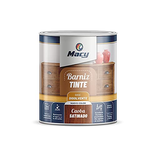 Macy Barniz Tinte Satinado de Alta Decoración Interior y Exterior. 375 Mililitros. Color Caoba