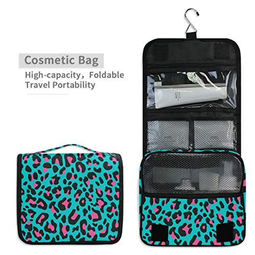Manchas Rosadas Estampado De Leopardo Azul Bolsas de Aseo Neceser de Maquillaje Colgante Plegable Cosmético Bolso de Artículos de Tocado para Mujeres Niñas