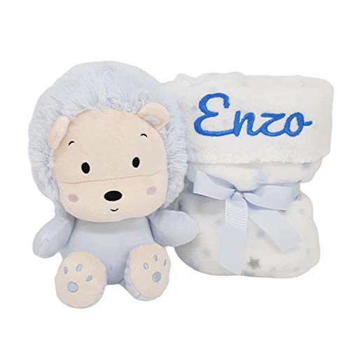 Manta y Peluche Lion de Mababy - Set de Manta Personalizada para Bebé y Peluche - Regalos para Recién Nacidos Personalizados (Azul)