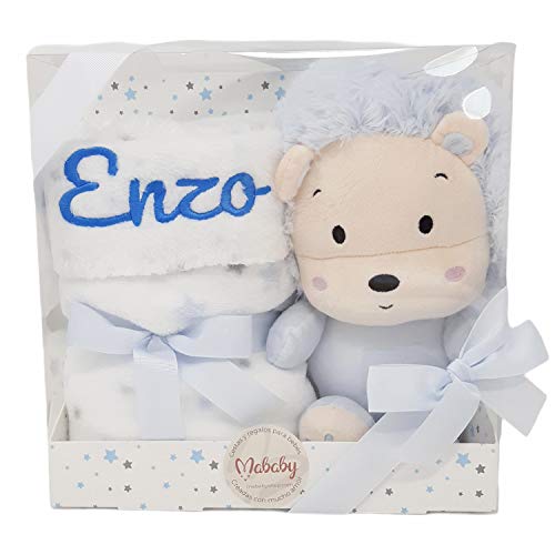 Manta y Peluche Lion de Mababy - Set de Manta Personalizada para Bebé y Peluche - Regalos para Recién Nacidos Personalizados (Azul)