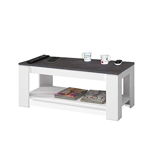 Mesa Centro con revistero, Mesa elevable, mesita Mueble Salon Comedor, Acabado en Blanco Artik y Oxido, Medidas: 102 cm (Largo) x 43/54 cm (Alto) x 50 cm (Fondo)