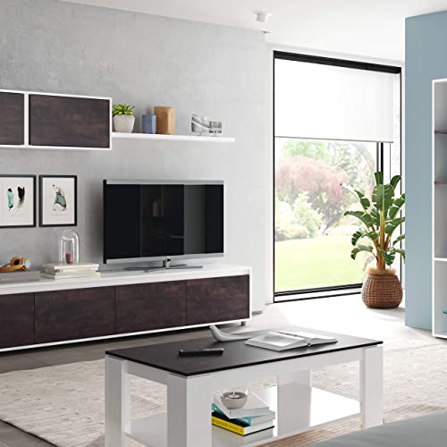Mesa Centro con revistero, Mesa elevable, mesita Mueble Salon Comedor, Acabado en Blanco Artik y Oxido, Medidas: 102 cm (Largo) x 43/54 cm (Alto) x 50 cm (Fondo)