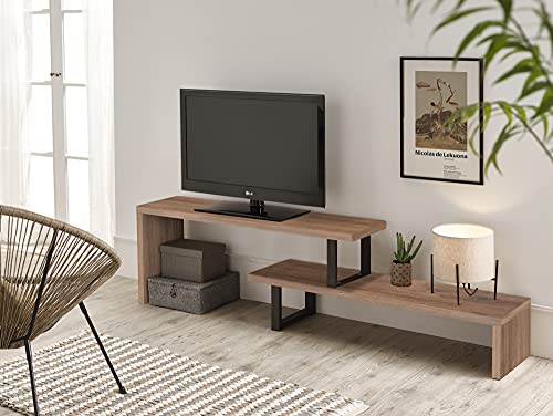 Mesa televisión, Mueble TV Salón Diseño Industrial-Vintage, Extensible de 140 cm a 170 cm, Madera Maciza Natural, Patas Metálicas.
