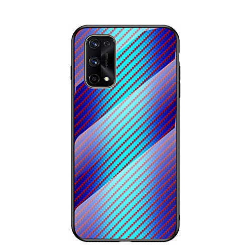 MingMing Funda para Realme 7 Pro Cubierta Carbon Fiber Glass Phone Case Caja de Vidrio Templado Case Cover para Realme 7 Pro (Azul)