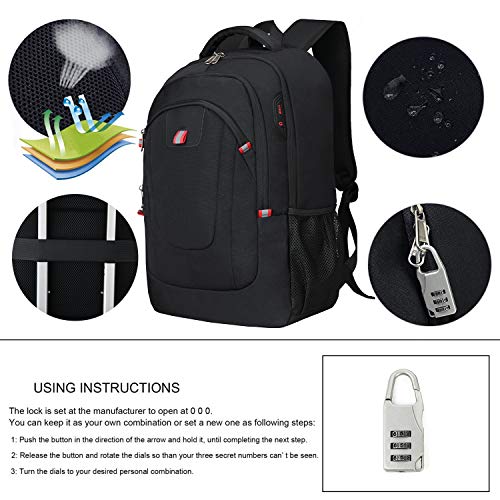 Mochila Antirrobo Impermeable, Mochila Portátil Hombre 17.3 Pulgadas USB Impermeable del Escolar Trabajo Diario Viaje Negocio Multifuncional Daypacks Negro