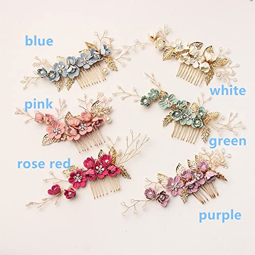 Moda Boda Romántica Dama de honor Cabello Joyería Peines Nupciales Clips Hojas Tiara Flor Cabello Pin (Rosa rojo)