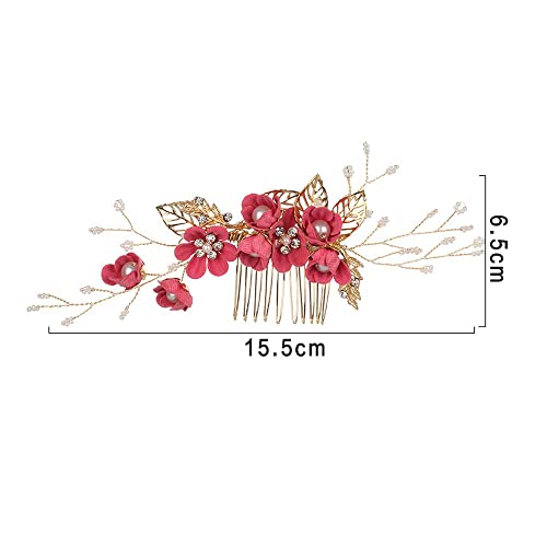 Moda Boda Romántica Dama de honor Cabello Joyería Peines Nupciales Clips Hojas Tiara Flor Cabello Pin (Rosa rojo)