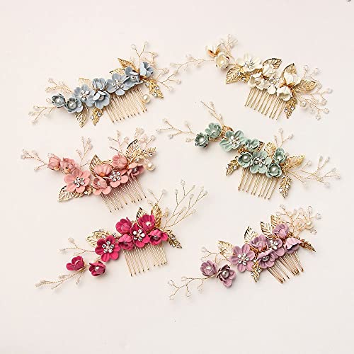 Moda Boda Romántica Dama de honor Cabello Joyería Peines Nupciales Clips Hojas Tiara Flor Cabello Pin (Rosa rojo)