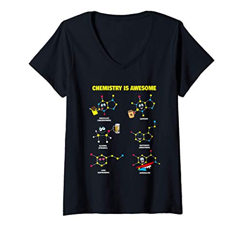Mujer La química es Maravillosa. Moléculas químicas estilo Kawaii Camiseta Cuello V