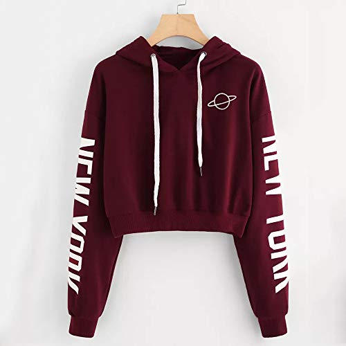Mujer Sudaderas, ASHOP Deportivas Manga Larga Blusa Tops Casual Sweatshirt Primavera y Otoño Invierno New York Impresión Suelto Hoodie Cuello Redondo Sudaderas (Vino Rojo,S (EU:32-34))