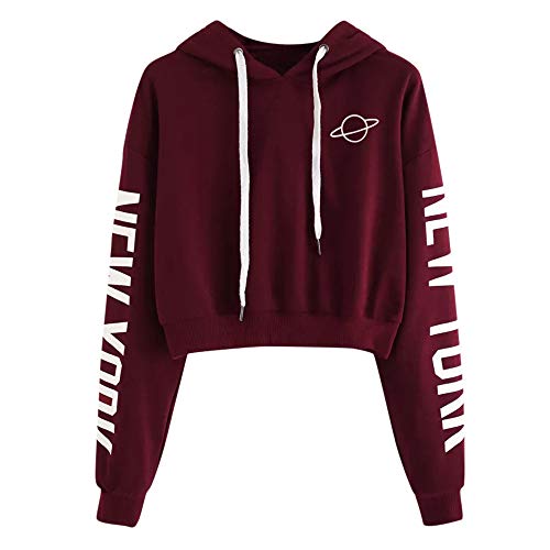 Mujer Sudaderas, ASHOP Deportivas Manga Larga Blusa Tops Casual Sweatshirt Primavera y Otoño Invierno New York Impresión Suelto Hoodie Cuello Redondo Sudaderas (Vino Rojo,S (EU:32-34))