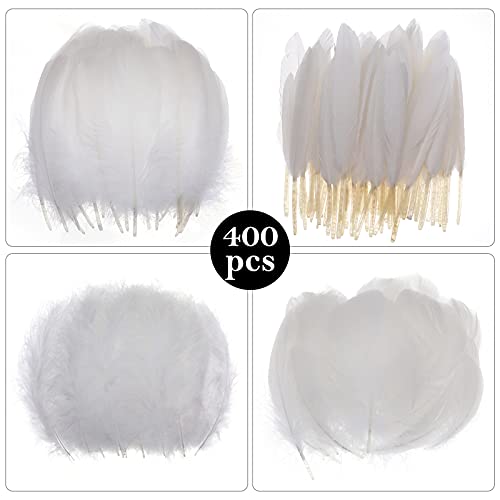 MWOOT 400 Piezas Plumas Artesanales Blancas, Plumas Ganso para Atrapasueños Bricolaje, Disfraz Halloween, Pendiente Hecho Mano, Fiesta Bodas, Decoración Actividades Hogar Pascua, Pluma Natural 7-15 CM