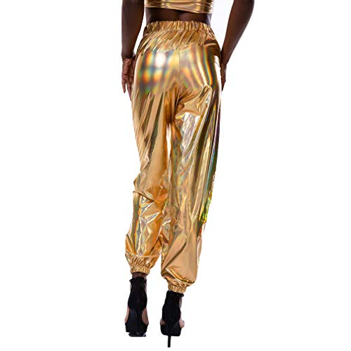Mxssi Pantalones Metálicos Brillantes Mujer Streetwear Hip Hop Dance Night Club Pantalones Holográficos Harén Wetlook