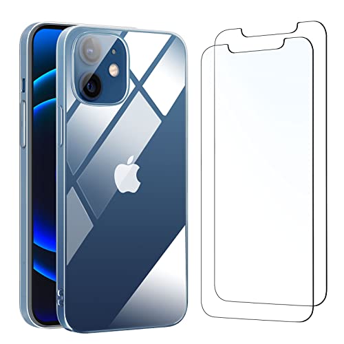 NEW'C Funda para iPhone 12 y iPhone 12 Pro Gel de TPU Suave de Silicona Transparente Alta y 2X Protector de Pantalla para iPhone 12 y iPhone 12 Pro Vidrio Templado - Antiarañazos