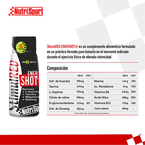 Nutrisport - StimulRed Enershot, Energía para el Deporte, Guaraná, Taurina, Arginina, Magnesio y Gingseng, Shot de 60 ml, 20x60 ml