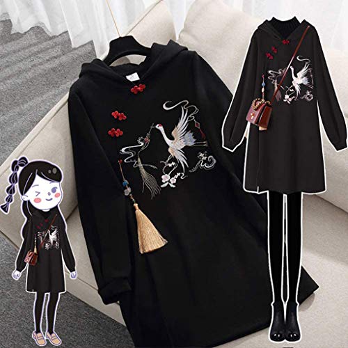 ORANDESIGNE Sudadera Larga con Capucha Mujer Bordado Manga Larga Bolsillo Empalme Vestido con Capucha Vestido de Estilo Chino Hoodie Primavera Otoño Invierno B Negro XXL