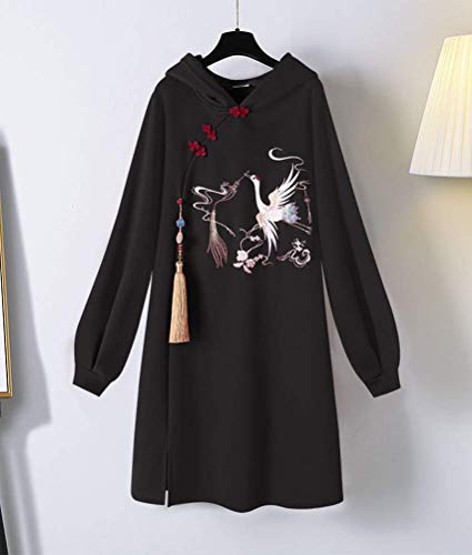 ORANDESIGNE Sudadera Larga con Capucha Mujer Bordado Manga Larga Bolsillo Empalme Vestido con Capucha Vestido de Estilo Chino Hoodie Primavera Otoño Invierno B Negro XXL