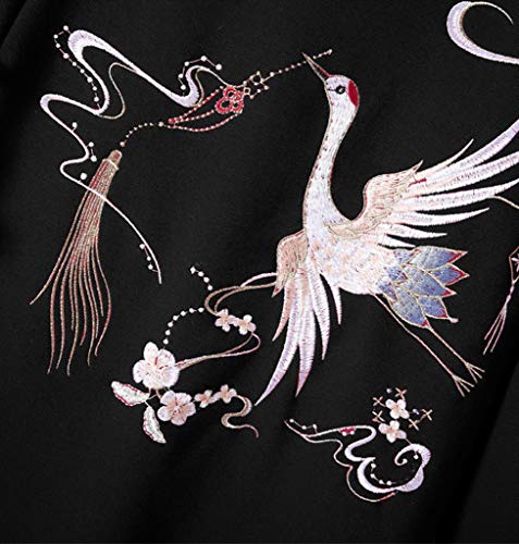 ORANDESIGNE Sudadera Larga con Capucha Mujer Bordado Manga Larga Bolsillo Empalme Vestido con Capucha Vestido de Estilo Chino Hoodie Primavera Otoño Invierno B Negro XXL
