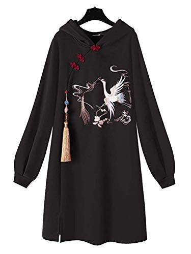ORANDESIGNE Sudadera Larga con Capucha Mujer Bordado Manga Larga Bolsillo Empalme Vestido con Capucha Vestido de Estilo Chino Hoodie Primavera Otoño Invierno B Negro XXL