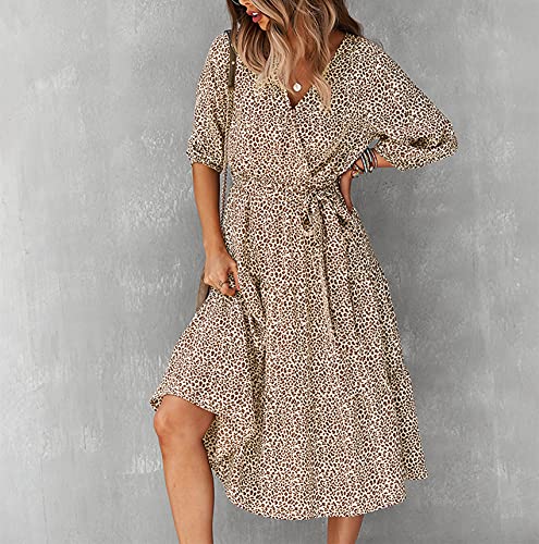 OtoñO E Invierno SeñOras Moda Casual con Cuello En V Estampado De Leopardo Cintura De Manga Larga Suelta Cobertura Media Vestido De Mujer
